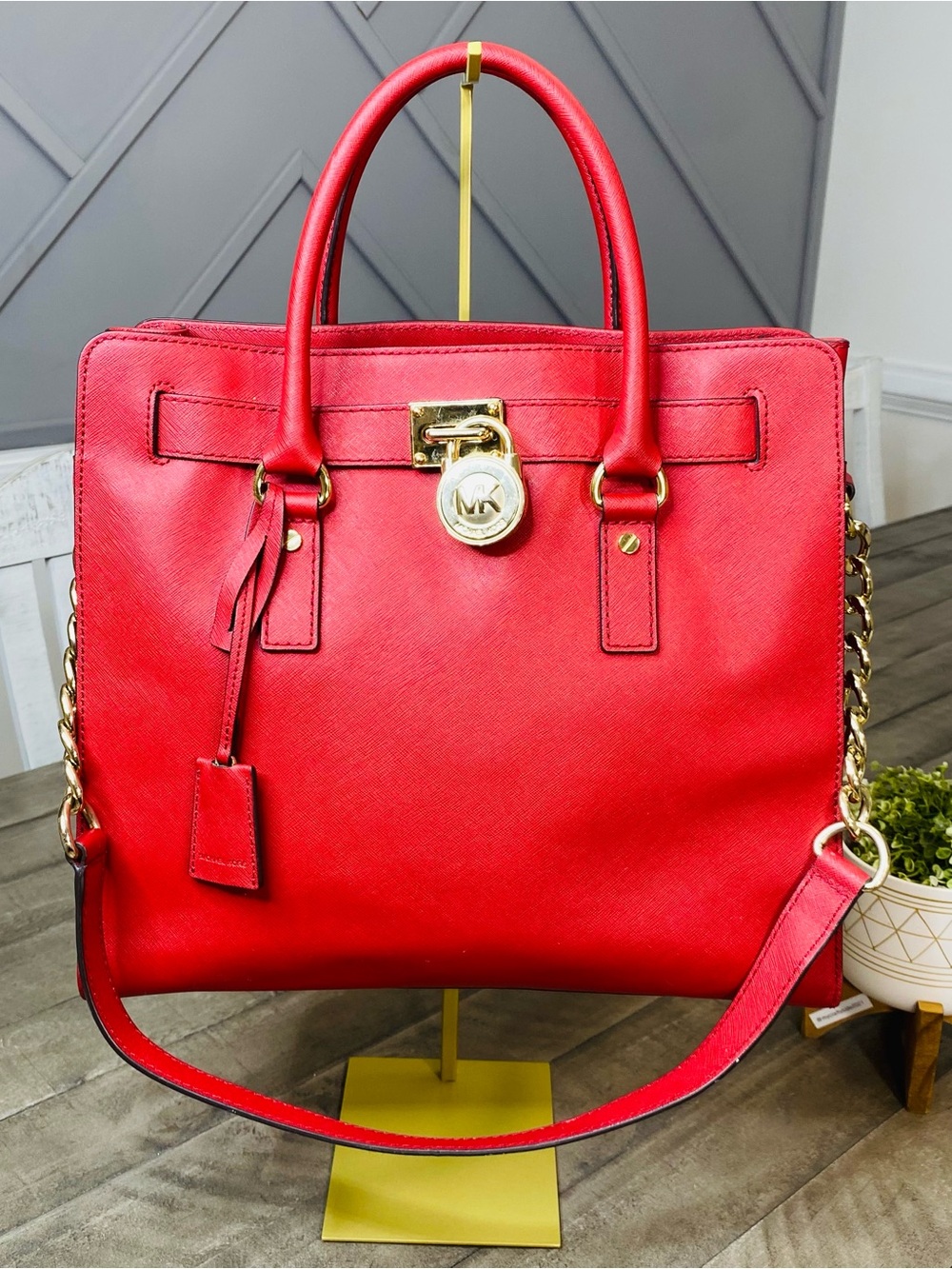 Michael Kors Hamilton Large North South Tote Red Saffiano Leather Gold Hardware